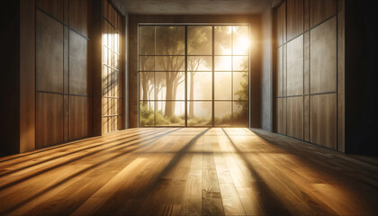 Fototapeta premium Sunlight pours through large floor-to-ceiling windows into a spacious, empty room with glossy wooden floors. The warm light creates a serene and inviting atmosphere. 