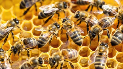 A group of bees are gathered around a honeycomb