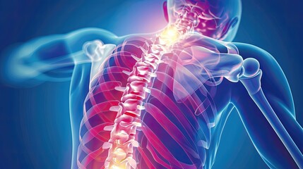 A man's back is shown in blue and red with a yellow spine