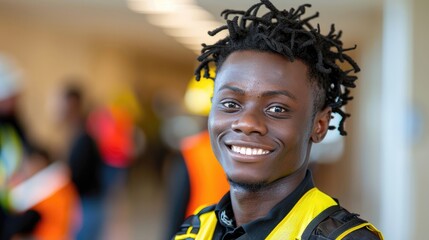 A man with dreadlocks and a yellow vest is smiling