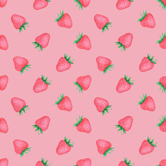 Hand drawn watercolor strawberry seamless pattern isolated on milky-red background. Can be used for textile, fabric and other printed products.