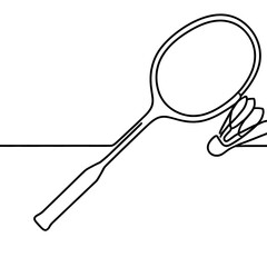 Badminton racket and shuttlecock one line art. Continuous line drawing
