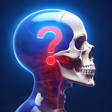 Transparent human skull with a question inside it, thinking of taking the best decision among several options
