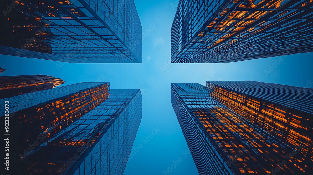 Poster a powerful visual of business unity, with skyscrapers in different architectural styles
