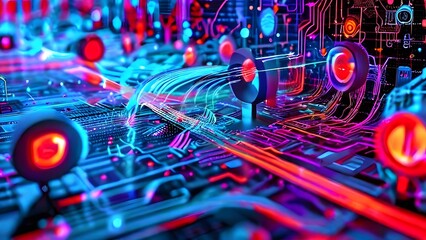 Dynamic Online Interfaces Stream Illustration – Vibrant Kaleidoscope of Social Media, Fintech Services, E-commerce Websites, and Influencer Profiles – Digital Connectivity and Engagement Visual