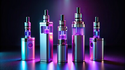 Futuristic e-cigarette devices with glow-in-the-dark accents arranged artfully against a dark gradient background with subtle purple accents
