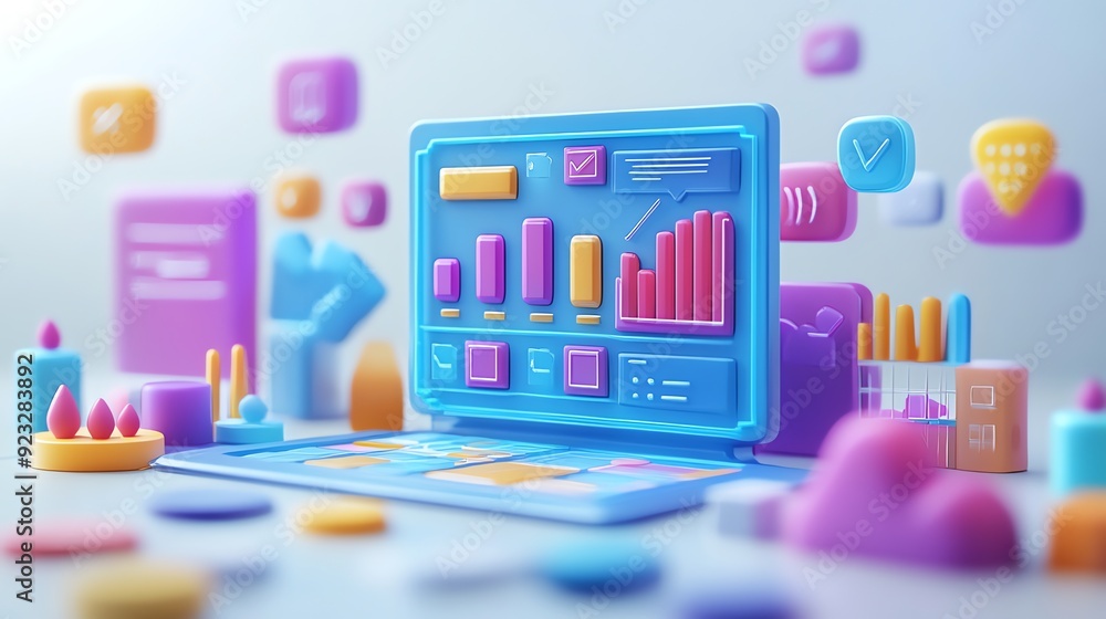 Poster colorful 3d laptop with data and charts.