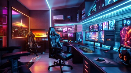 Fototapeta premium Digital Haven Teen's Tech Oasis with MultiMonitor Setup Gaming Chairs and LED Ambiance