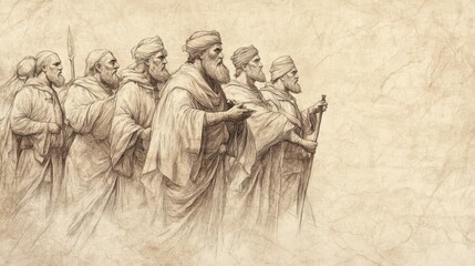 Fototapeta premium Biblical Illustration of Jehu Anointed King of Israel: King Joram’s Messengers Join Jehu’s Cause as He Rides Toward Jezreel, Beige Background