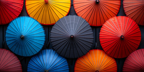 A row of colorful umbrellas are displayed in a store window. The umbrellas are of different sizes and colors, creating a vibrant and eye-catching display. Concept of fun and excitement