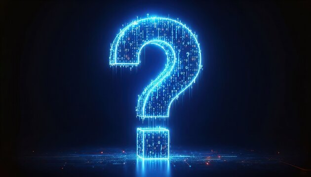 digital blue question mark in neon style with a dark background representing uncertainty and inquiry in tech industry technology question