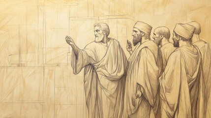 Fototapeta premium Biblical Illustration of Solomon Inspecting the Progress of Temple Construction, Surrounded by His Advisors, Bible Wall Art, Beige Background
