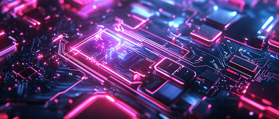 Fototapeta premium Abstract Circuit Board with Pink Neon Lights Futuristic Technology Background, Abstract Circuit Board with Pink Neon Lights Futuristic Technol