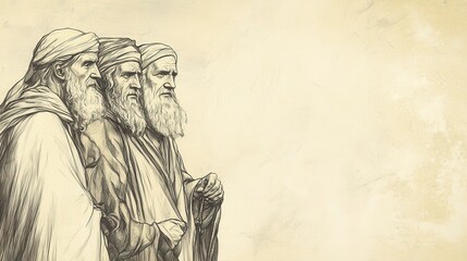 Fototapeta premium Biblical Illustration of 2 Kings: Sons of Prophets Search for Elijah for Three Days, Not Finding Him, Bible Wall Art with Beige Background