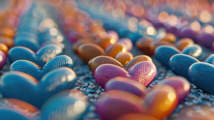 Heart-shaped stones in vibrant colors reflect sunlight, creating a beautiful display along the sandy ground