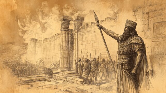 Biblical Illustration of The Reforms of Josiah: Josiah Leading the Removal and Destruction of Idols, Asherah Poles, and Altars Dedicated to False Gods, Beige Background