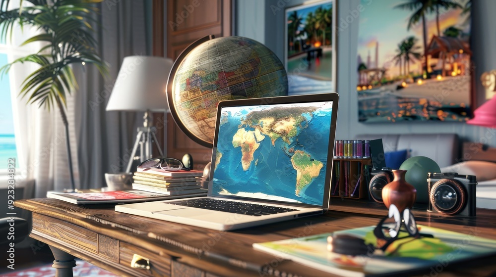 Wall mural global adventures a travel consultant's desk with exotic destinations laptop and globe