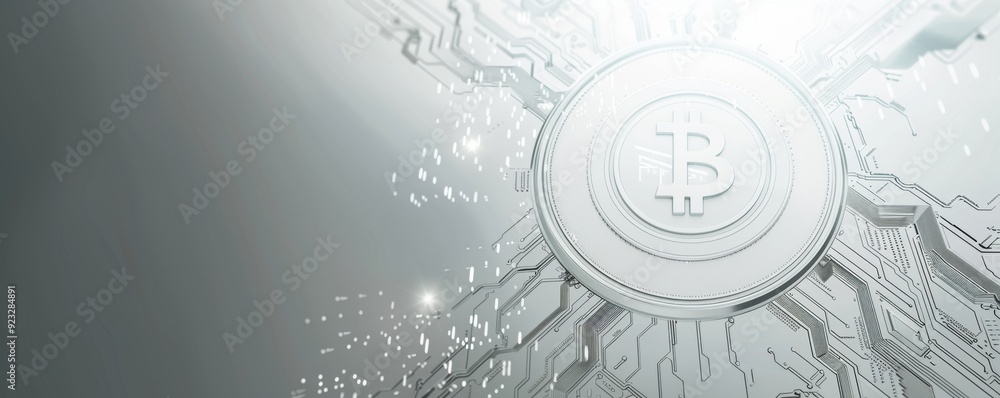 Poster abstract bitcoin background. 3d white bitcoin symbol on a layered topographic surface. abstract back
