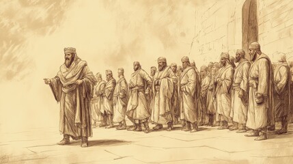 High Priest Jehoiada Gathers Support Among Temple Guards and Levites to Overthrow Athaliah, 2 Kings Biblical Illustration, Bible Wall Art, Beige Background