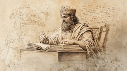 Solomon Writing Proverbs and Songs, Surrounded by Scrolls and Scribes During His Reign, 1 Kings Biblical Illustration, Bible Wall Art, Beige Background