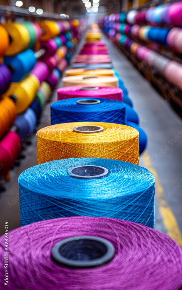 Poster a row of colorful yarns are displayed in a store. the colors are bright and vibrant, creating a chee