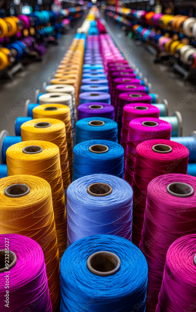 Poster a row of colorful yarns are displayed in a store. the colors are bright and vibrant, creating a chee
