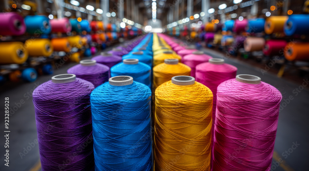 Poster a row of colorful spools of thread are displayed in a factory. the colors are bright and vibrant, cr