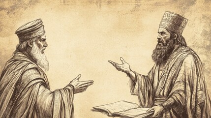 Fototapeta premium Biblical Illustration of The Reigns of Amaziah and Jeroboam II: Prophet Jonah Delivers a Message of Victory to Jeroboam II, Affirming God’s Favor, Beige Background