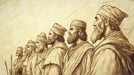 Fototapeta premium Biblical Illustration of 1 Kings: The People of Judah Reaffirming Loyalty to Rehoboam Amid Secession, Bible Wall Art with Beige Background for Spiritual Reflection and Worship