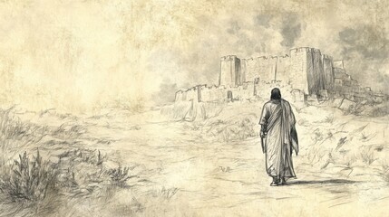 Fototapeta premium Biblical Illustration of Naboth Firmly Refusing Ahab’s Offer, Citing His Inheritance, Bible Wall Art, Beige Background