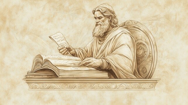 Biblical Illustration of Solomon Asks for Wisdom: Solomon Writing Proverbs Surrounded by Scrolls and Scribes, Depicting His Dedication to Wisdom, Beige Background