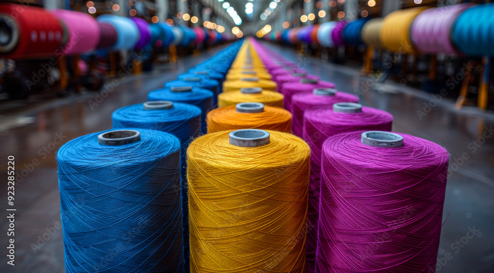 Poster a row of colorful yarns are displayed in a factory. the colors are bright and vibrant, creating a ch