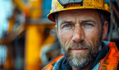 A man with a yellow helmet and orange jacket is smiling. He has a beard and a mustache