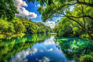 Fototapeta premium Leafy Lagoon: Tranquil waters, verdant hues, serenity, calmness, tranquility