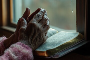 an old black woman's hands folded in prayer against a bible, close up.