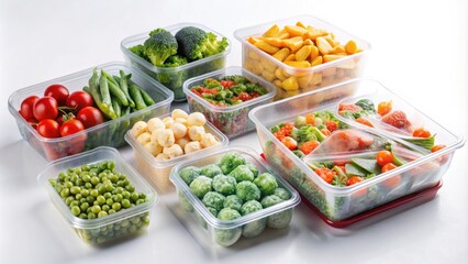 Frozen food packaging with clear plastic wrap and cardboard box, containing a selection of healthy frozen vegetables, fruits, and meals, on a white background.