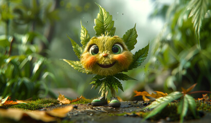 A cartoonish plant with a big smile on its face. The plant is green and has a leafy appearance