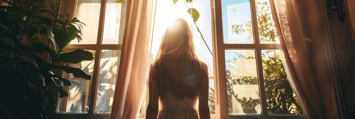 Woman with Long Hair Standing Between Open Curtains, Welcoming Natural Light in a Tranquil Space Through a Large Window, Evoking a Sense of Renewal or Fresh Beginnings