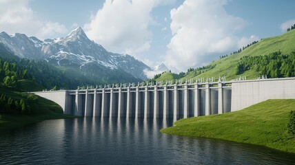 A futuristic hydropower station integrated with a smart grid system, showing both traditional dam structures and advanced technology, ultra-realistic, renewable energy future