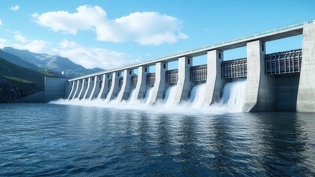 A hydropower dam s spillway with controlled water release, showcasing reinforced structures and water flow dynamics, ultra-detailed, renewable energy infrastructure