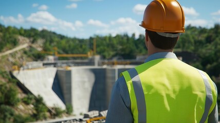 Engineers inspecting a dam s structural integrity after decades of use, highlighting wear and reinforced repairs, photo-realistic, sustainable infrastructure maintenance