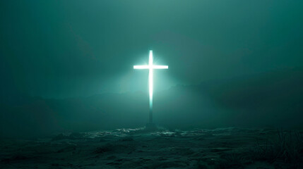 Naklejka premium Luminous cross stands on a rugged terrain surrounded by mist