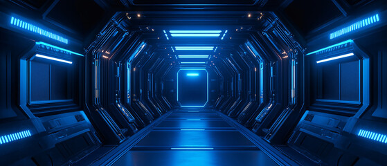 Futuristic Blue Neon Lights SciFi Spaceship Corridor 3D Render