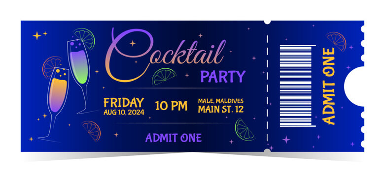 Blue Cocktail Party Invitation Ticket Design with colorful drinks, event details and admit one barcode