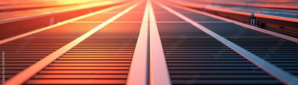 Poster metallic lines creating a dynamic pattern, illuminated by warm sunlight, adding an artistic touch to