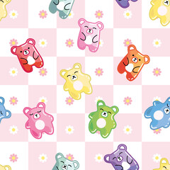 Cute bears, Colorful sweet jelly bears, gummy candies on flower simple background. Seamless pattern. Texture for fabric, wallpaper, decorative print.