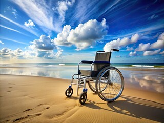 Fototapeta premium A sleek, modern wheelchair traverses a sun-kissed beach, symbolizing empowerment and limitless possibilities against a vibrant blue sky with fluffy white clouds.