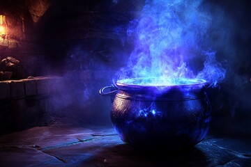 A cauldron with bubbling potion on a witchs lair background