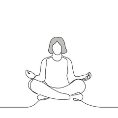 elderly gray-haired woman sitting in lotus position - one line art vector. yoga class concept