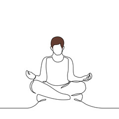 middle aged brown haired man sitting in lotus position - one line art vector. yoga class concept